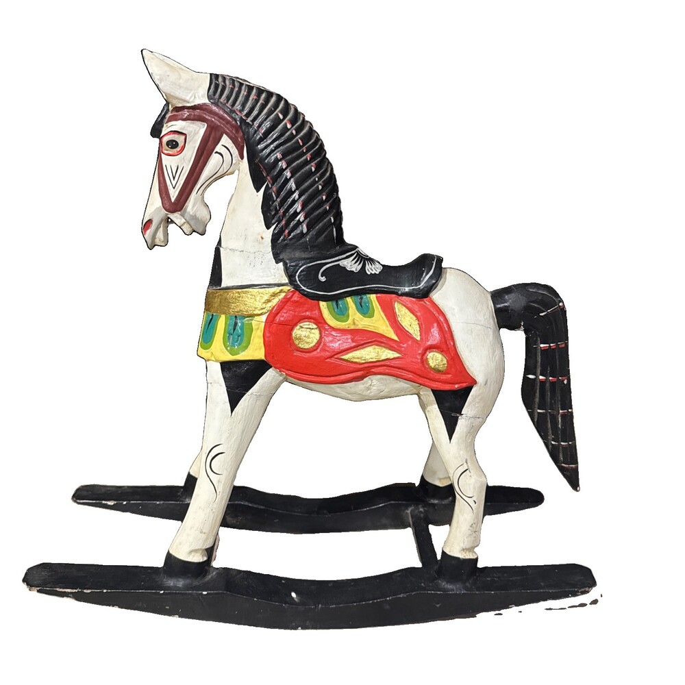 Folk Art Stallion / Horse Wooden Rocker, Hand Painted Primative 14x15x5 Inches